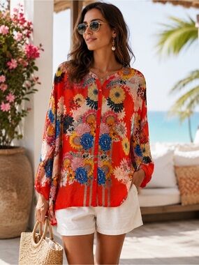 Johnny Was - Elsarose Floral Tunic Blouse – Vibrant Red